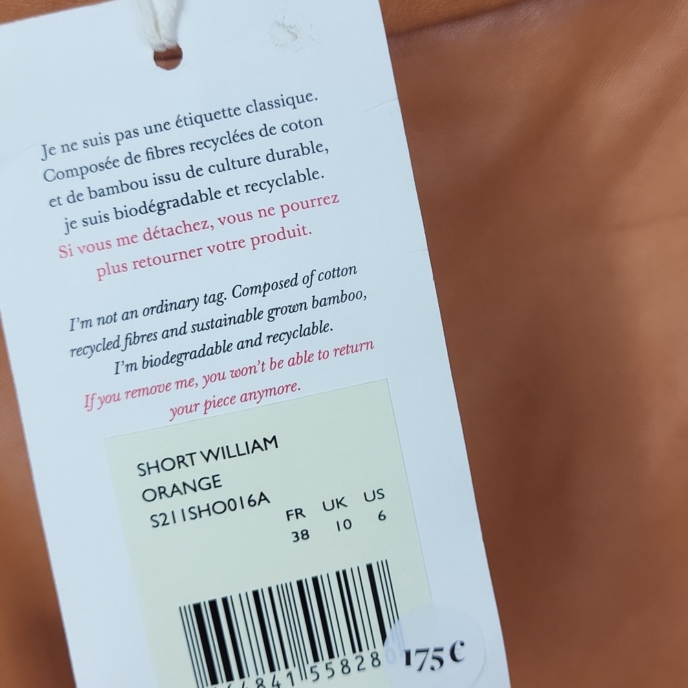 Sezane William Orange Lamb Leather High-Waist Cuffed Shorts. Size 6 - Picture 9 of 14